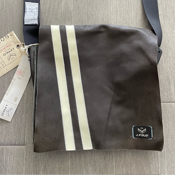NWT J.FOLD Men’s Messenger Bag SHOULDERED Brown Leather Crossbody White Stripe - Picture 5 of 16
